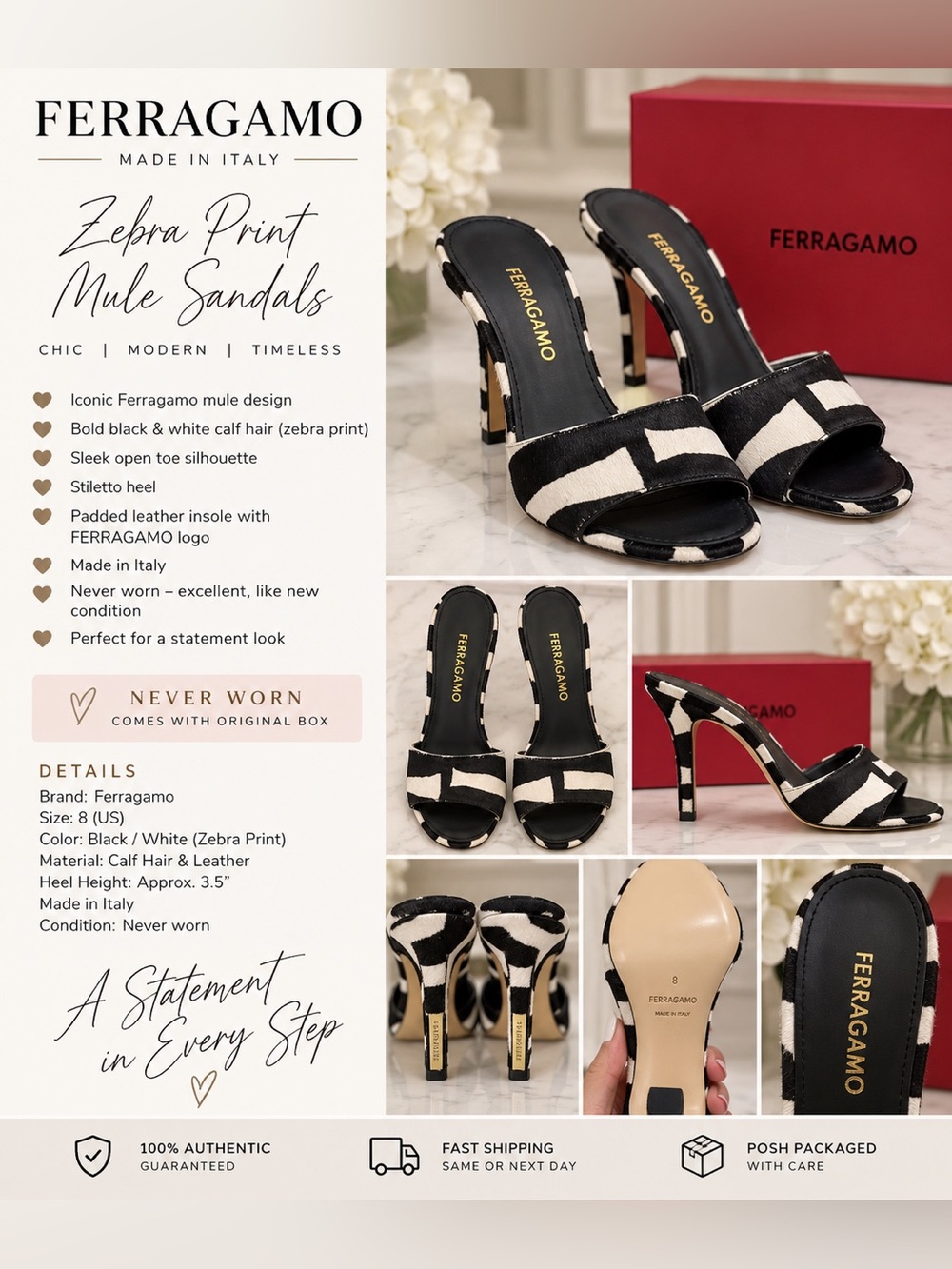 Salvatore Ferragamo Black & White Zebra-Print Calf Hair Mule Sandals